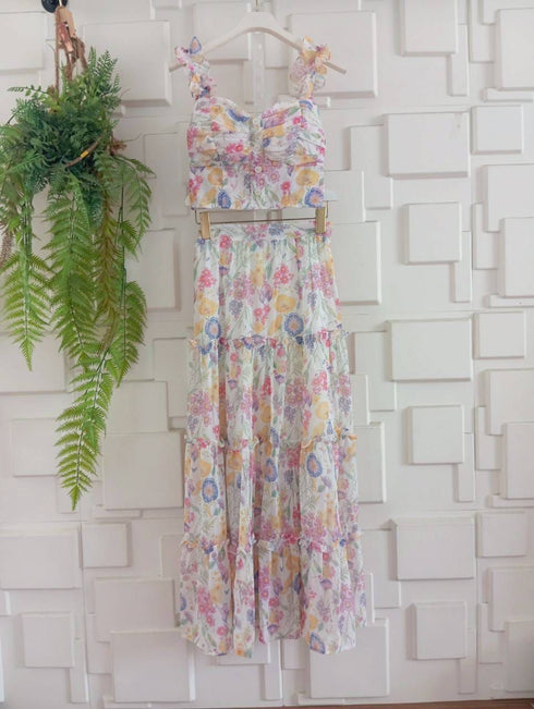 Summer Flower Crops Tops With Tiered Long Skirts